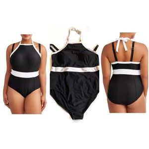 Time True 4X Black Swim Suit Halter One Piece White Trim